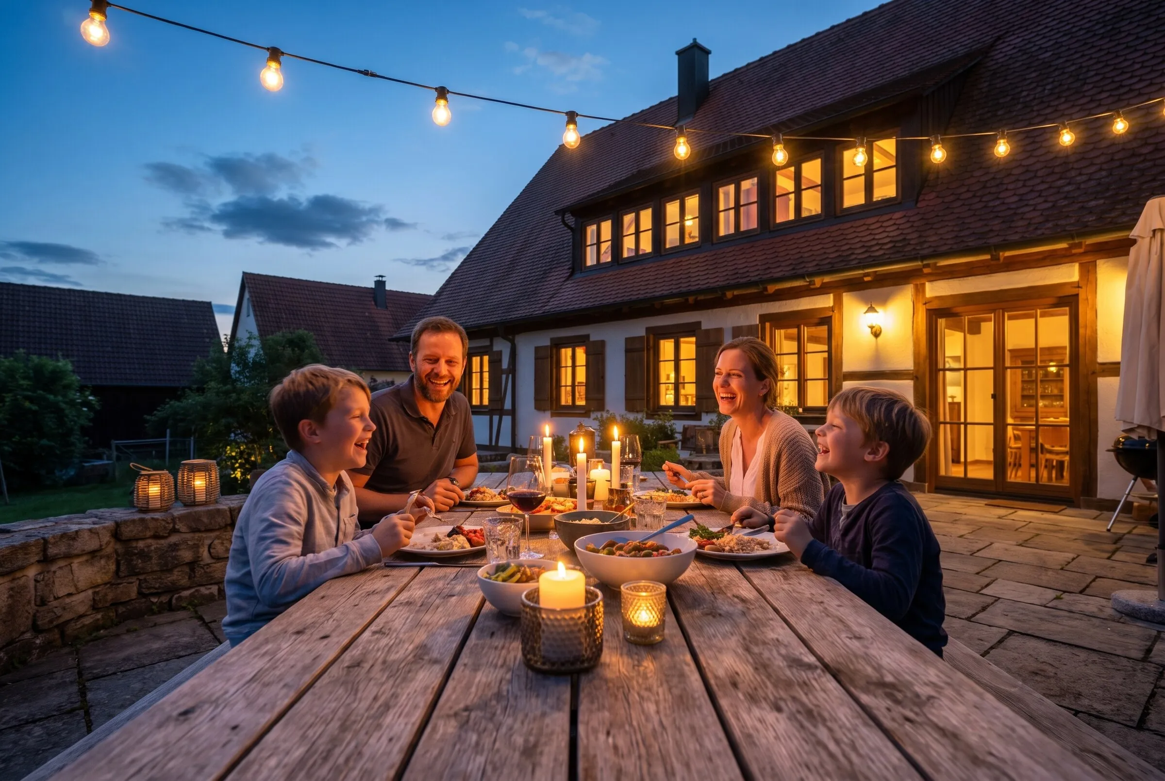 Familie beim Abendessen im neuen Zuhause