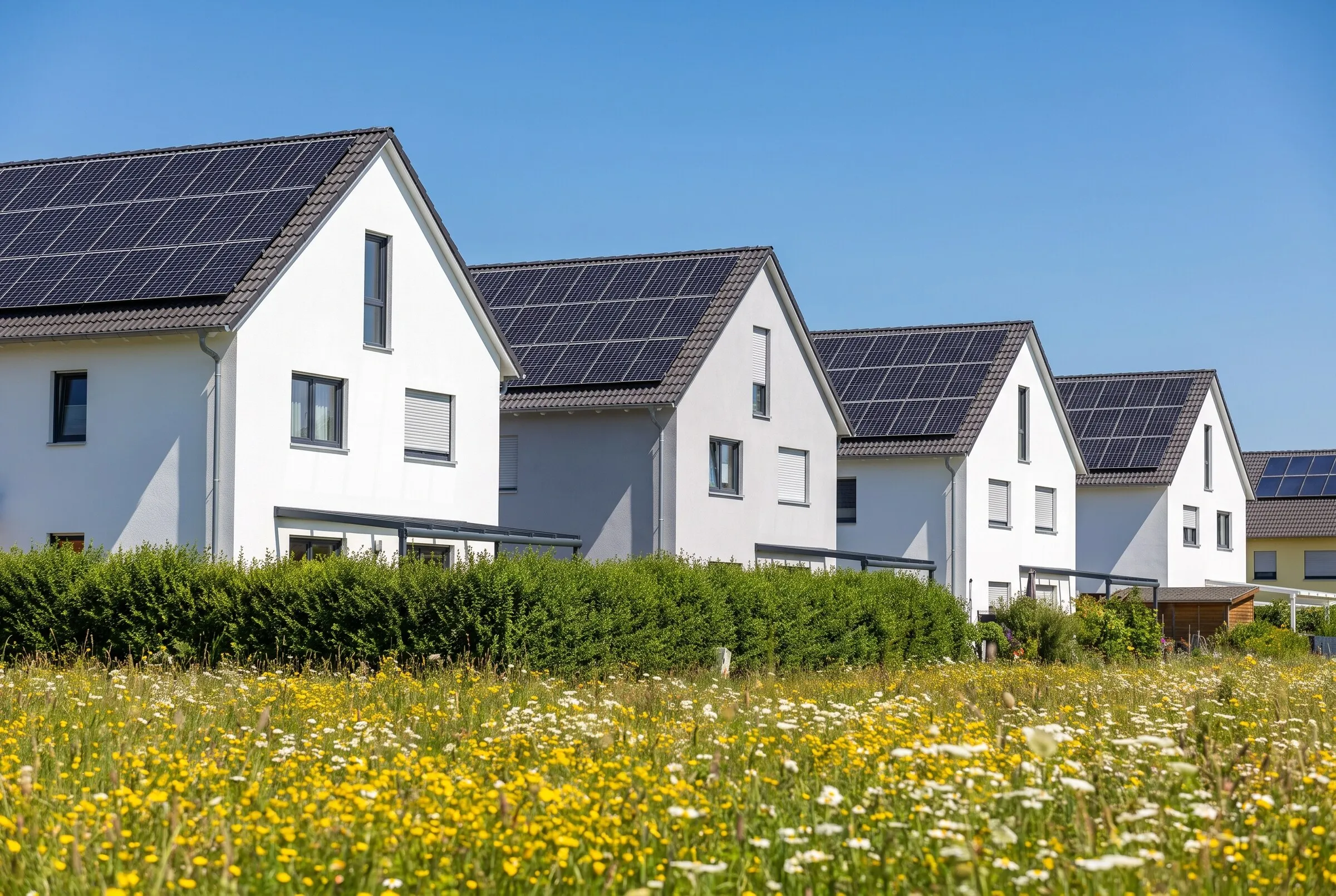 Hausreihe mit Solaranlagen über einer Wiese