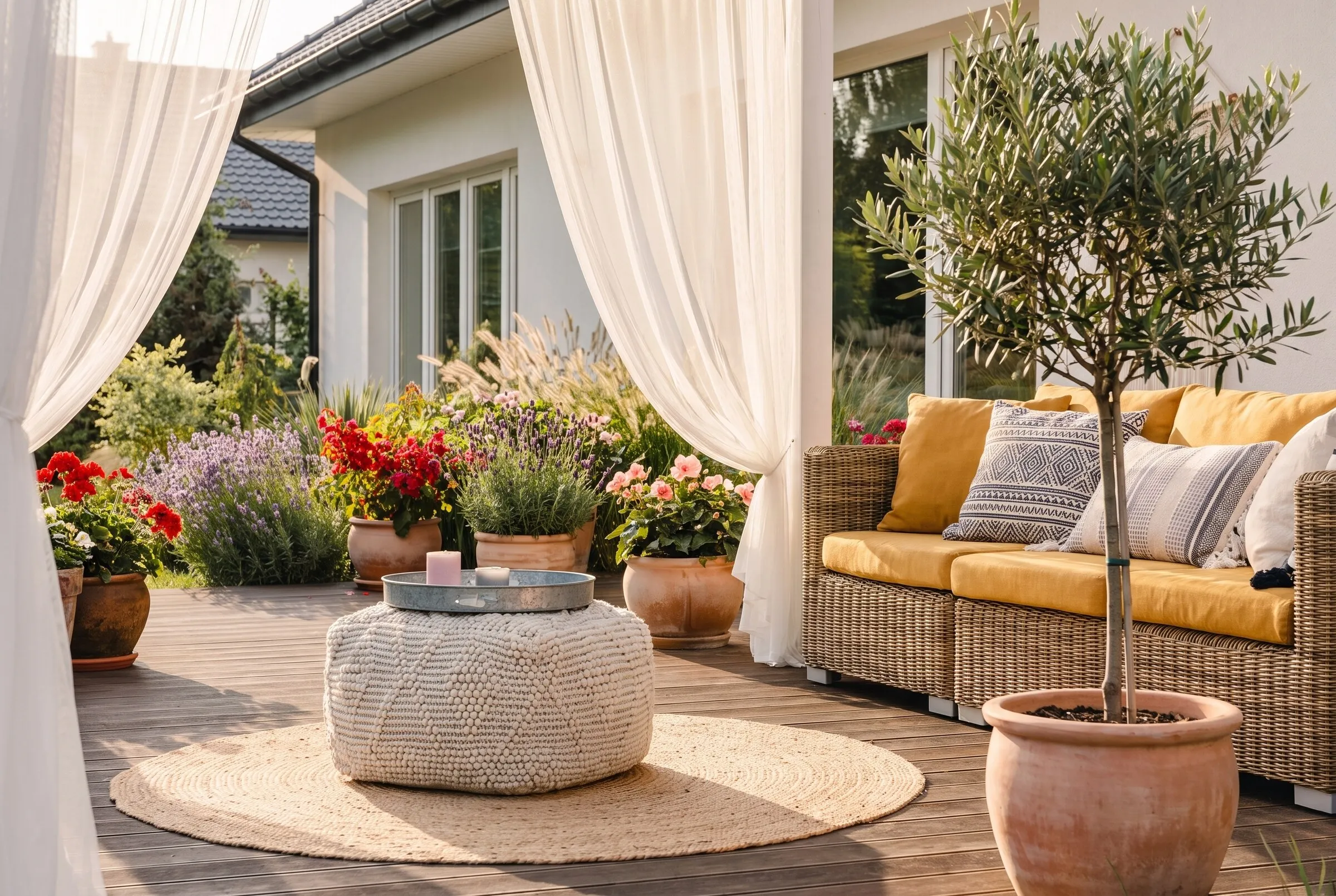 Terrasse einer Wohnung mit Gartenblick